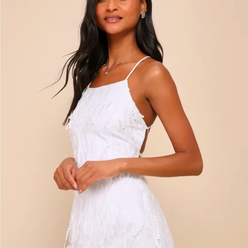 Lulu’s Making Magic White Fringe Lace-Up Mini Dress